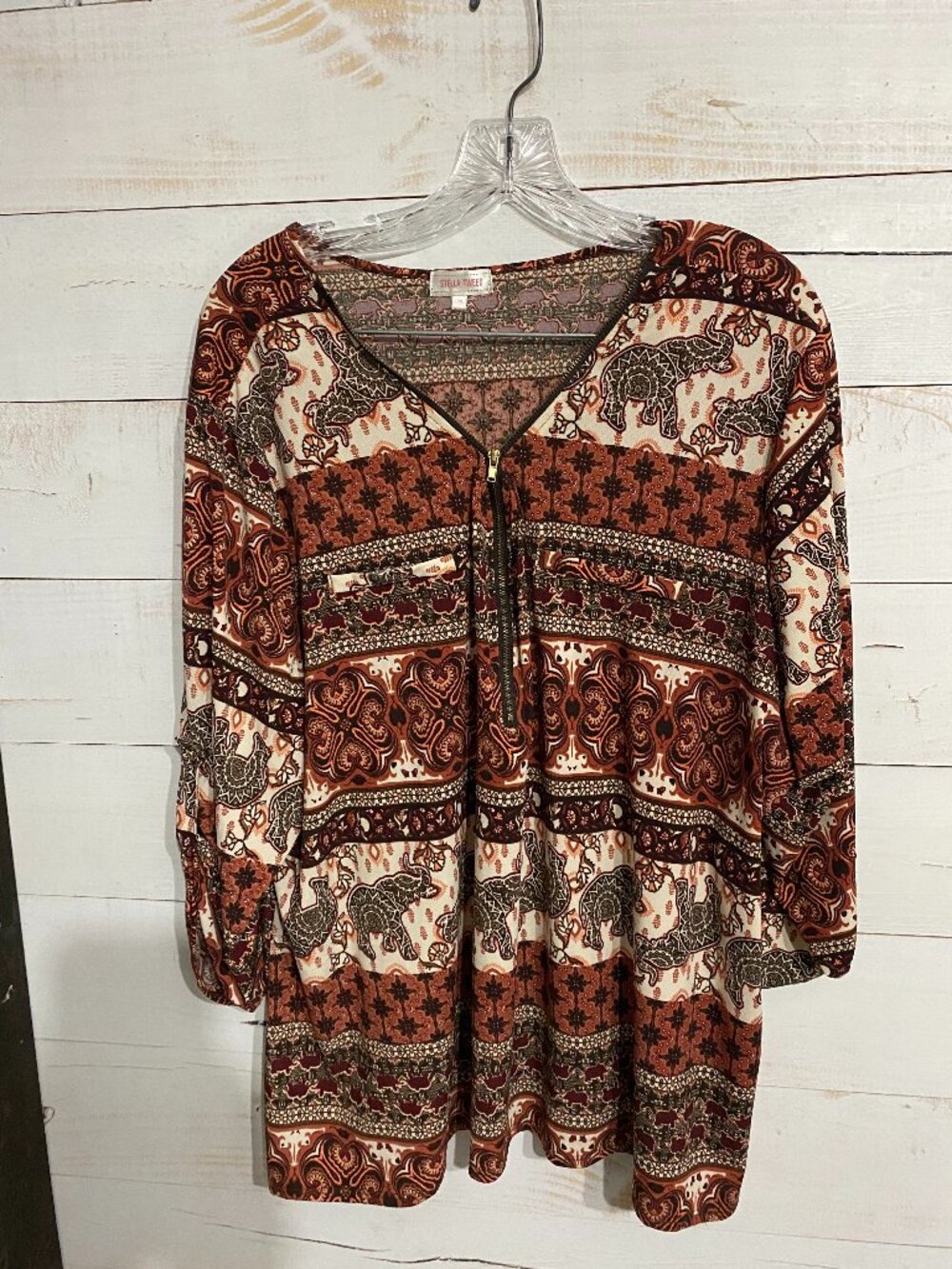 Stella Tweed Elephant Print Boho Zip Front Tunic Blouse Top Plus Size 3X